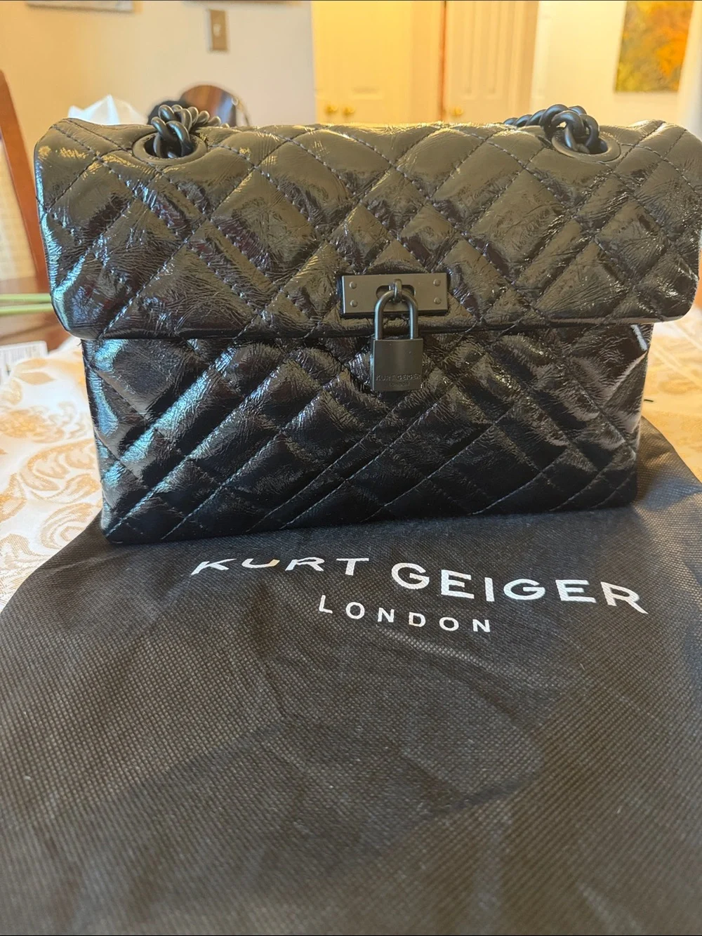 Kurt Geiger Black Quilted Patent Shoulder Bag with Chain Strap